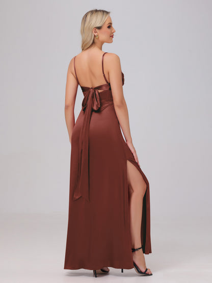Spaghetti Straps Ruched Floor Length Stretch Satin Bridesmaid Dresses
