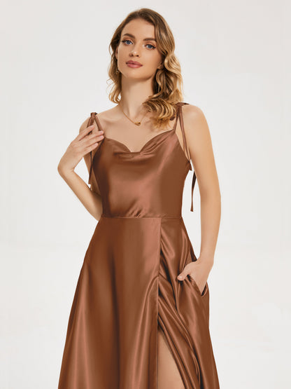 Kamila Spaghetti Straps Slit Soft Satin Bridesmaid Dress
