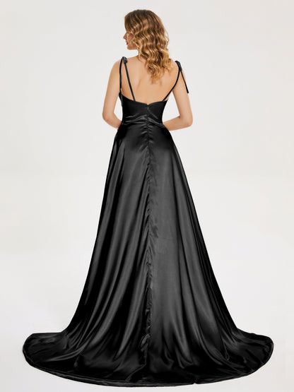 Kamila Spaghetti Straps Slit Soft Satin Bridesmaid Dress