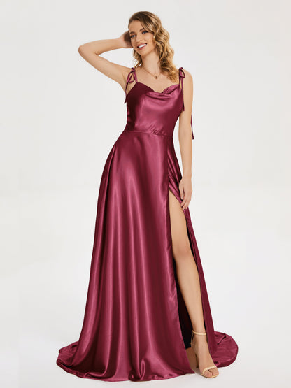 Kamila Spaghetti Straps Slit Soft Satin Bridesmaid Dress