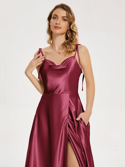 Kamila Spaghetti Straps Slit Soft Satin Bridesmaid Dress
