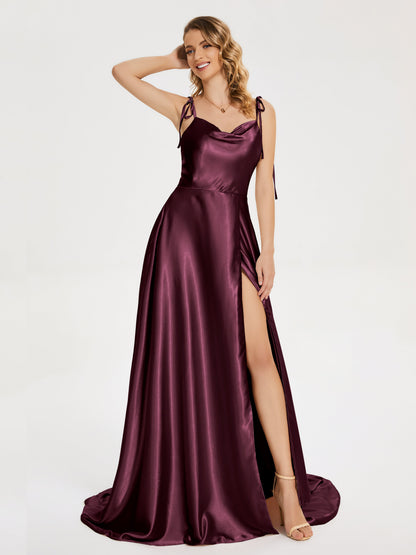 Kamila Spaghetti Straps Slit Soft Satin Bridesmaid Dress