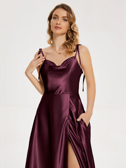 Kamila Spaghetti Straps Slit Soft Satin Bridesmaid Dress
