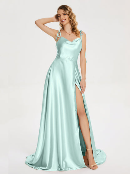 Kamila Spaghetti Straps Slit Soft Satin Bridesmaid Dress