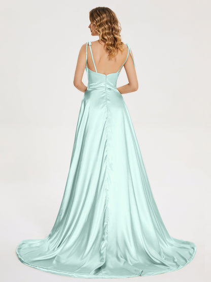 Kamila Spaghetti Straps Slit Soft Satin Bridesmaid Dress