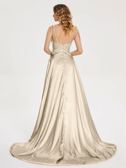 Kamila Spaghetti Straps Slit Soft Satin Bridesmaid Dress