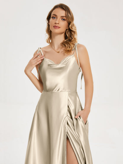 Kamila Spaghetti Straps Slit Soft Satin Bridesmaid Dress