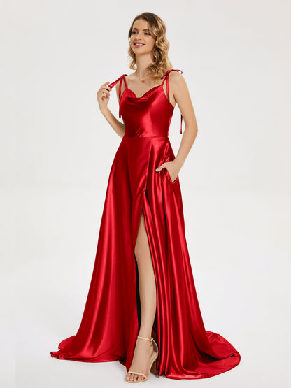 Kamila Spaghetti Straps Slit Soft Satin Bridesmaid Dress