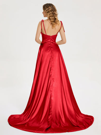 Kamila Spaghetti Straps Slit Soft Satin Bridesmaid Dress