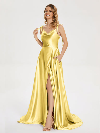 Kamila Spaghetti Straps Slit Soft Satin Bridesmaid Dress