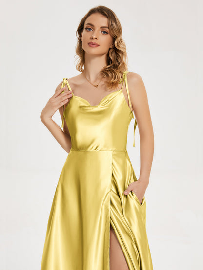 Kamila Spaghetti Straps Slit Soft Satin Bridesmaid Dress