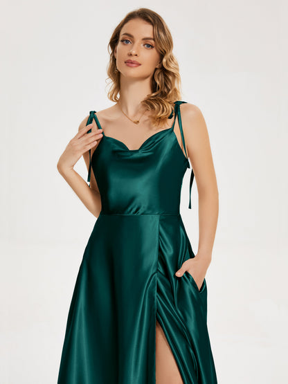 Kamila Spaghetti Straps Slit Soft Satin Bridesmaid Dress
