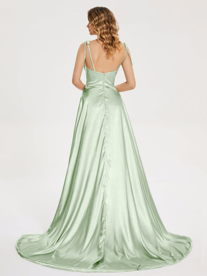 Kamila Spaghetti Straps Slit Soft Satin Bridesmaid Dress