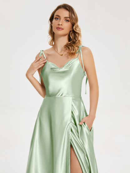 Kamila Spaghetti Straps Slit Soft Satin Bridesmaid Dress