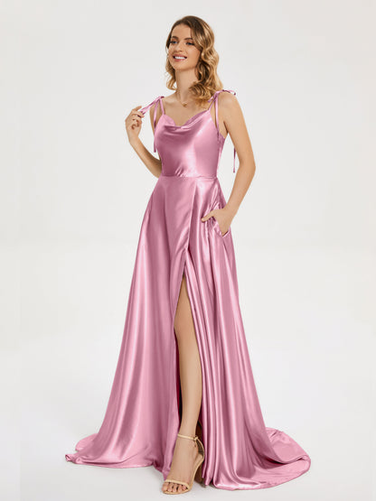 Kamila Spaghetti Straps Slit Soft Satin Bridesmaid Dress