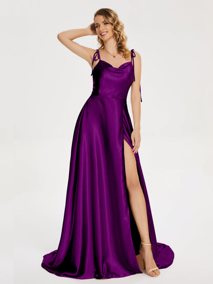 Kamila Spaghetti Straps Slit Soft Satin Bridesmaid Dress