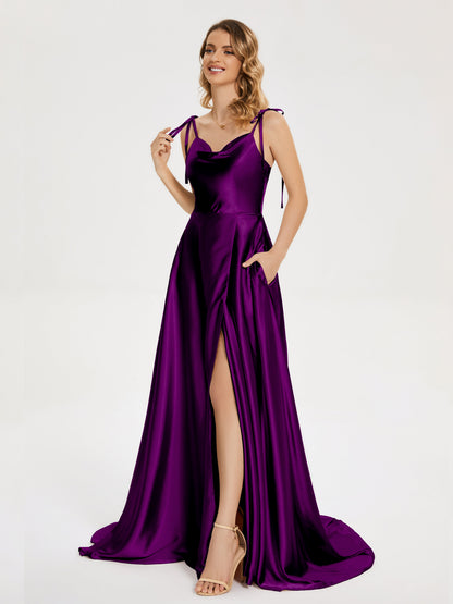 Kamila Spaghetti Straps Slit Soft Satin Bridesmaid Dress