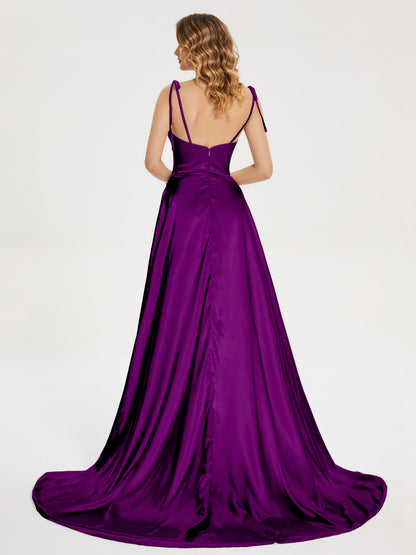Kamila Spaghetti Straps Slit Soft Satin Bridesmaid Dress