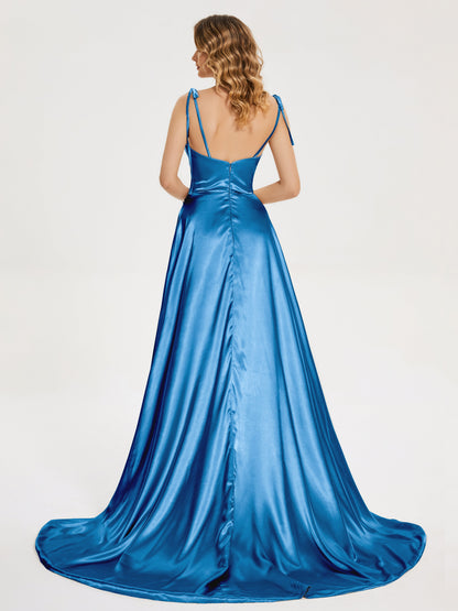 Kamila Spaghetti Straps Slit Soft Satin Bridesmaid Dress