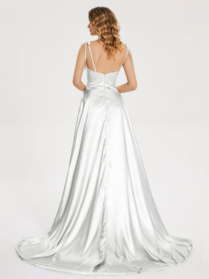 Kamila Spaghetti Straps Slit Soft Satin Bridesmaid Dress
