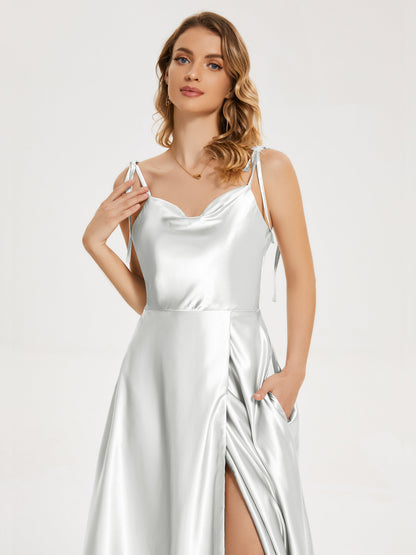 Kamila Spaghetti Straps Slit Soft Satin Bridesmaid Dress