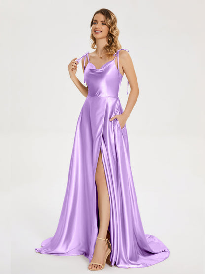 Kamila Spaghetti Straps Slit Soft Satin Bridesmaid Dress