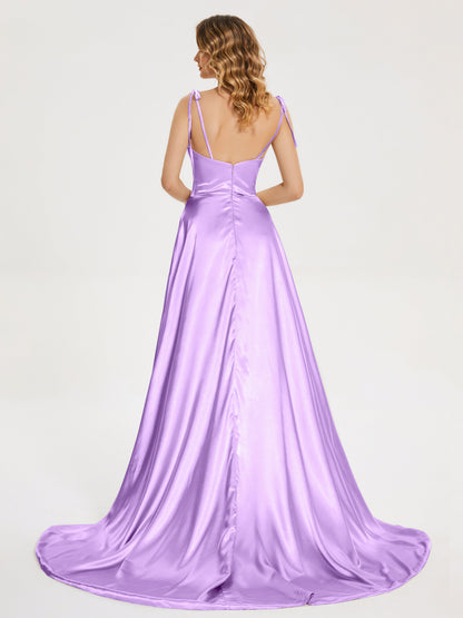 Kamila Spaghetti Straps Slit Soft Satin Bridesmaid Dress