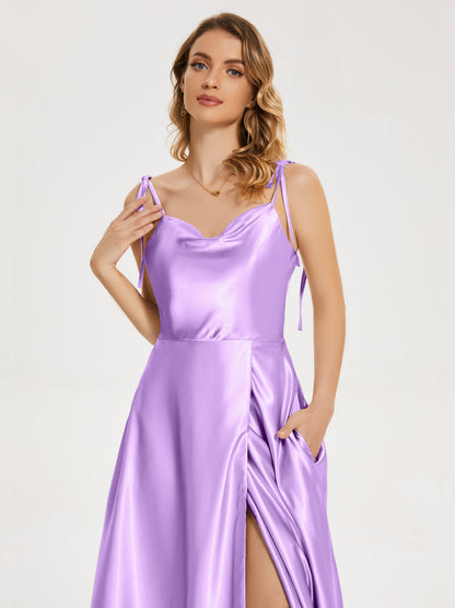 Kamila Spaghetti Straps Slit Soft Satin Bridesmaid Dress