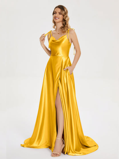 Kamila Spaghetti Straps Slit Soft Satin Bridesmaid Dress