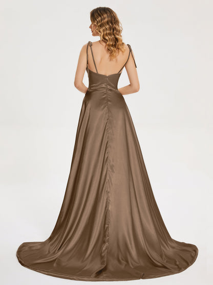 Kamila Spaghetti Straps Slit Soft Satin Bridesmaid Dress