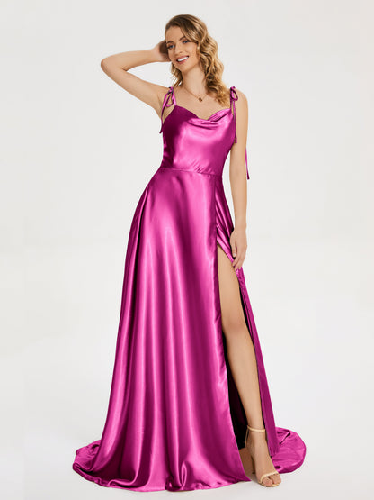 Kamila Spaghetti Straps Slit Soft Satin Bridesmaid Dress