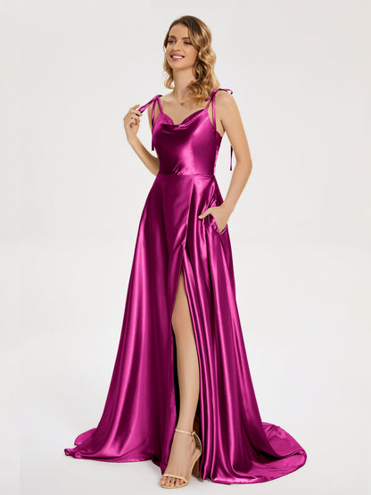 Kamila Spaghetti Straps Slit Soft Satin Bridesmaid Dress