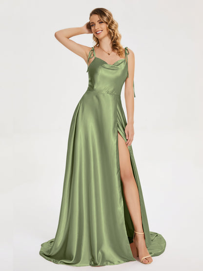 Kamila Spaghetti Straps Slit Soft Satin Bridesmaid Dress