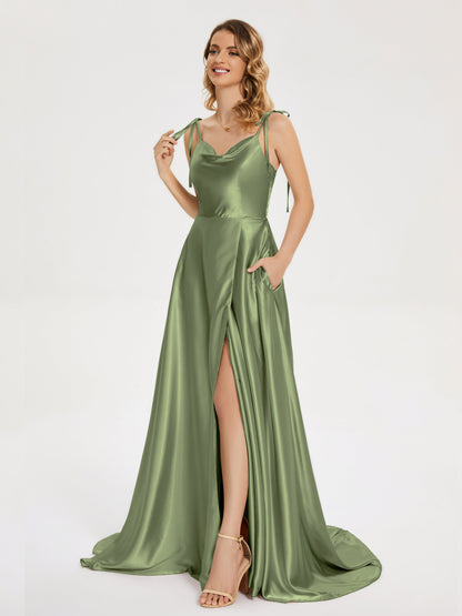 Kamila Spaghetti Straps Slit Soft Satin Bridesmaid Dress