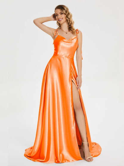 Kamila Spaghetti Straps Slit Soft Satin Bridesmaid Dress