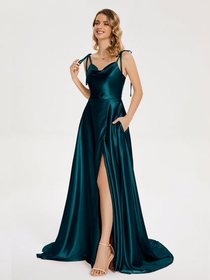 Kamila Spaghetti Straps Slit Soft Satin Bridesmaid Dress