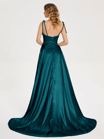 Kamila Spaghetti Straps Slit Soft Satin Bridesmaid Dress