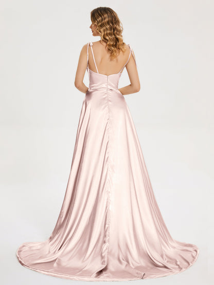 Kamila Spaghetti Straps Slit Soft Satin Bridesmaid Dress