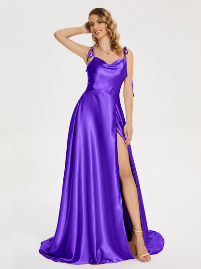 Kamila Spaghetti Straps Slit Soft Satin Bridesmaid Dress