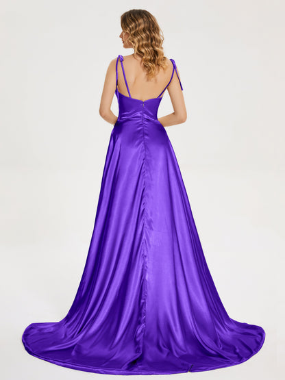 Kamila Spaghetti Straps Slit Soft Satin Bridesmaid Dress