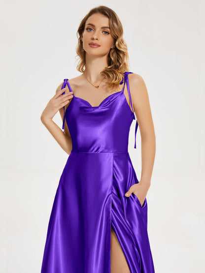 Kamila Spaghetti Straps Slit Soft Satin Bridesmaid Dress