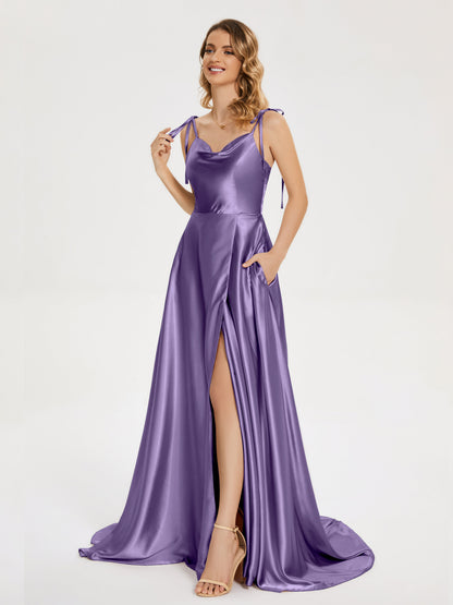 Kamila Spaghetti Straps Slit Soft Satin Bridesmaid Dress