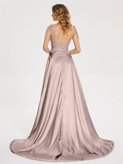 Kamila Spaghetti Straps Slit Soft Satin Bridesmaid Dress