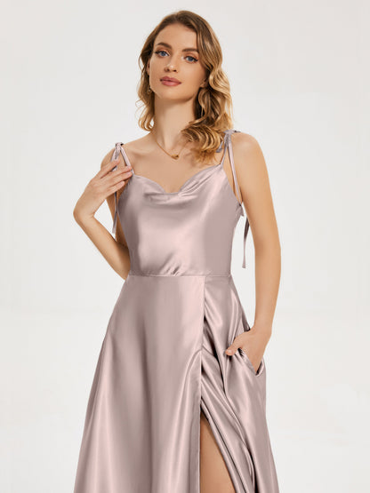 Kamila Spaghetti Straps Slit Soft Satin Bridesmaid Dress
