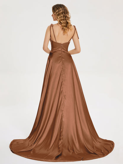 Kamila Spaghetti Straps Slit Soft Satin Bridesmaid Dress