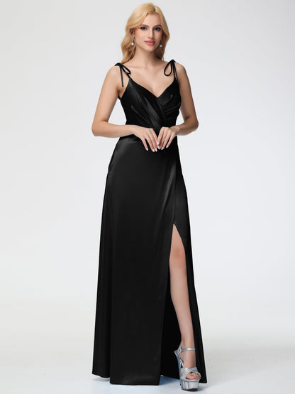 Black Stretchy Bridesmaid Dress Spaghetti Straps V-Neck Ruched Floor Length Stretch Satin Bridesmaid Dress With Slit