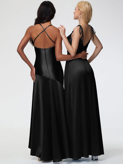 Black Stretchy Bridesmaid Dress Spaghetti Straps V-Neck Ruched Floor Length Stretch Satin Bridesmaid Dress With Slit