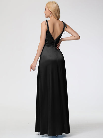 Black Stretchy Bridesmaid Dress Spaghetti Straps V-Neck Ruched Floor Length Stretch Satin Bridesmaid Dress With Slit