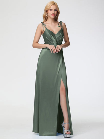 Bridesmaid Olive Green Dresses Spaghetti Straps V-Neck Ruched Floor Length Stretch Satin Bridesmaid Dress With Slit