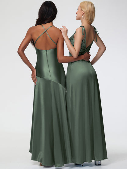 Bridesmaid Olive Green Dresses Spaghetti Straps V-Neck Ruched Floor Length Stretch Satin Bridesmaid Dress With Slit